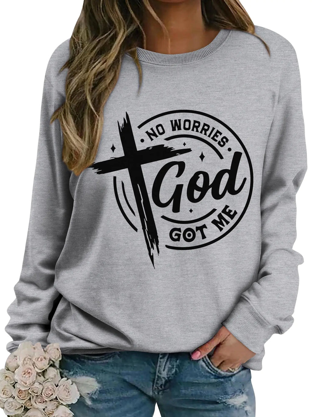 OUNAR Christian Sweatshirts for Women No Worries God Got Me Graphic Sweatshirt Crew Neck Pullover Tops Religious Faith Shirt Grey S
