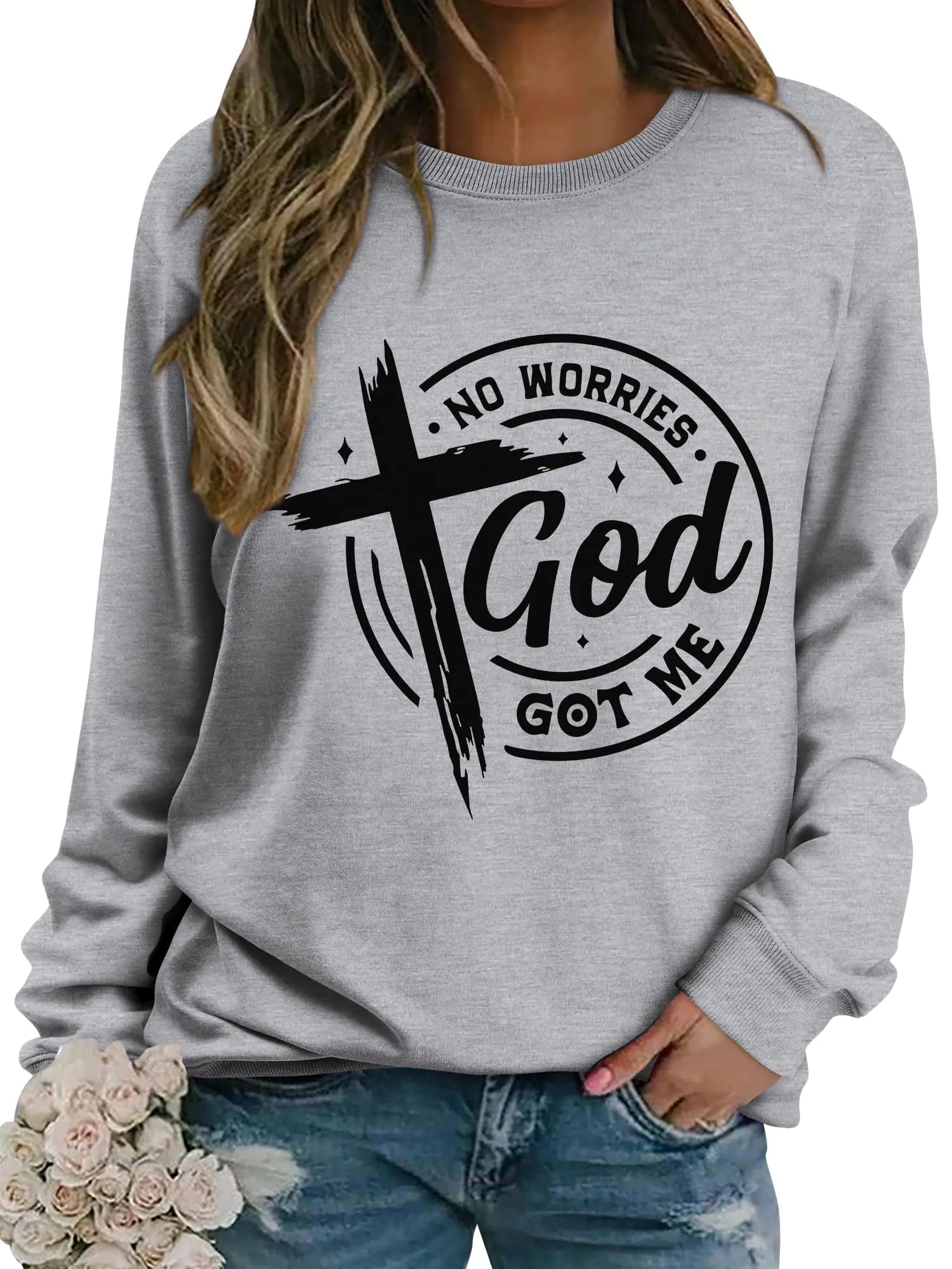 OUNAR Christian Sweatshirts for Women No Worries God Got Me Graphic Sweatshirt Crew Neck Pullover Tops Religious Faith Shirt Grey S