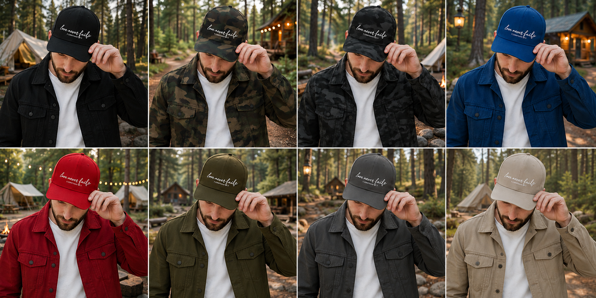 Love Never Fails™ Structured Camo Cap – 1 Corinthians 13:8