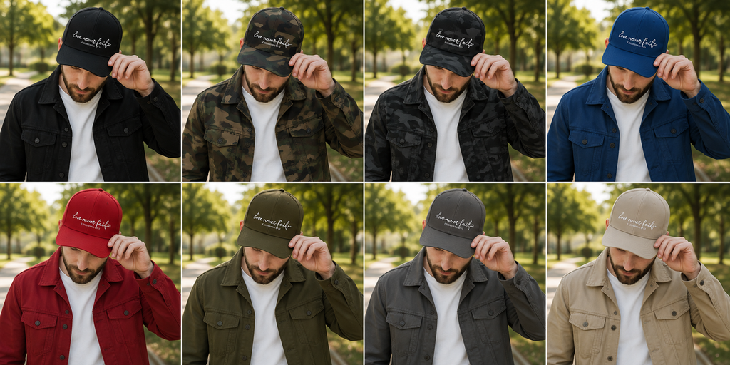 Love Never Fails™ Structured Camo Cap – 1 Corinthians 13:8