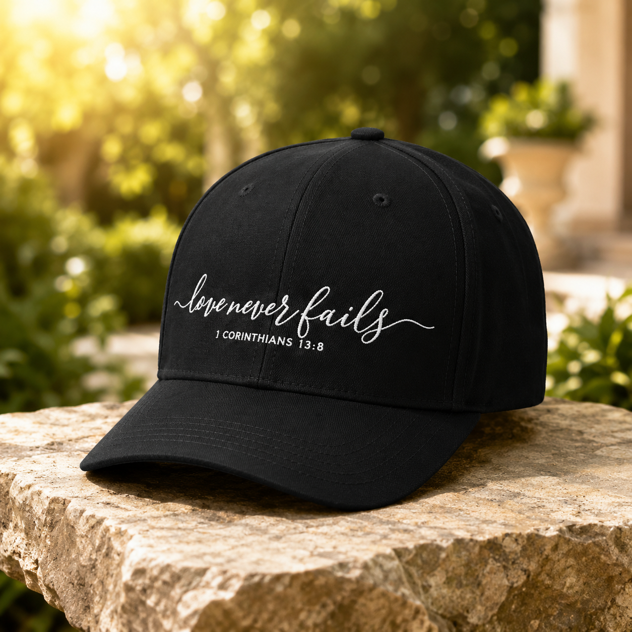 Love Never Fails™ Structured Camo Cap – 1 Corinthians 13:8